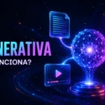 Representação de IA generativa criando textos, imagens, vídeos e códigos