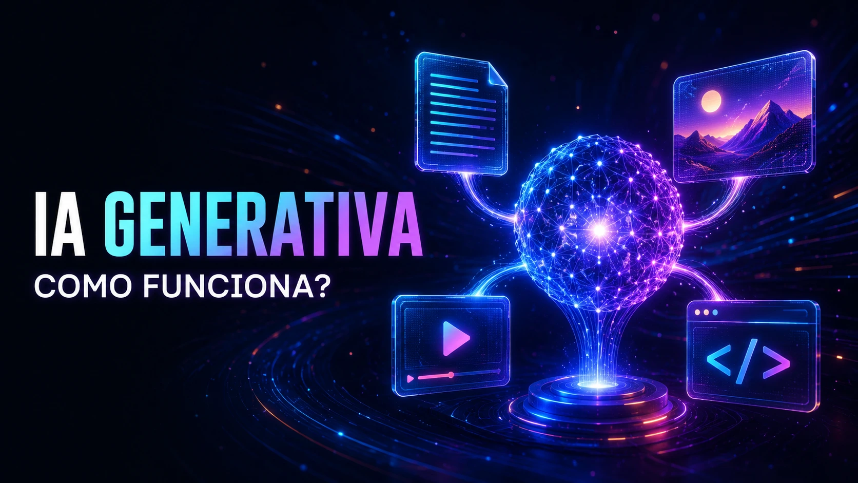Representação de IA generativa criando textos, imagens, vídeos e códigos